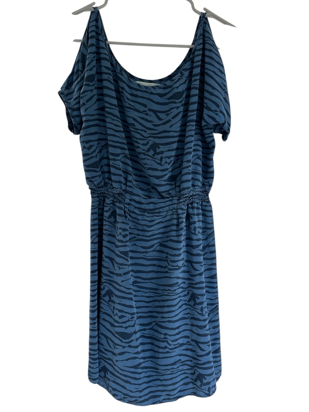 Geren Ford 100% Silk Blue Gathered Waist Tiger Print Cold Shoulders Mini Dress S
